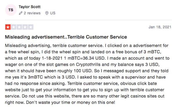 CryptoThrills misleading advertisement review by customer