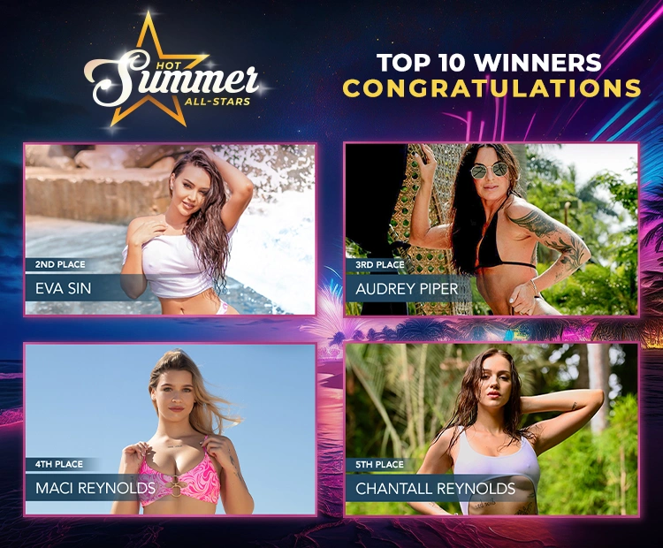 Flirt4Free summer streaming contest runner-ups cam girls Eva Sin, Audrey Piper, Maci Reynolds, and Chantall Reynolds 