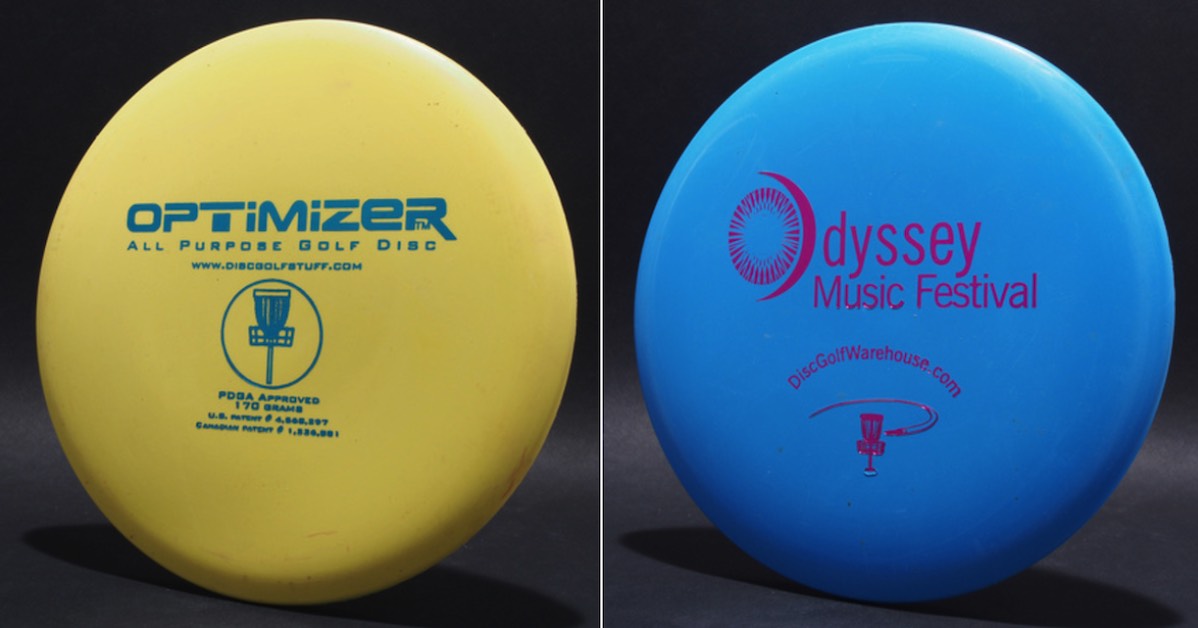 Two discs seen from the top. One is yello and says "Optimizer" and the other is blue and says "Odyssey Music Festival"