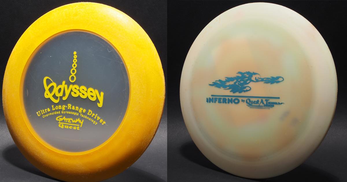 Two discs, one with a yellow rim and clear center and the other a beige color