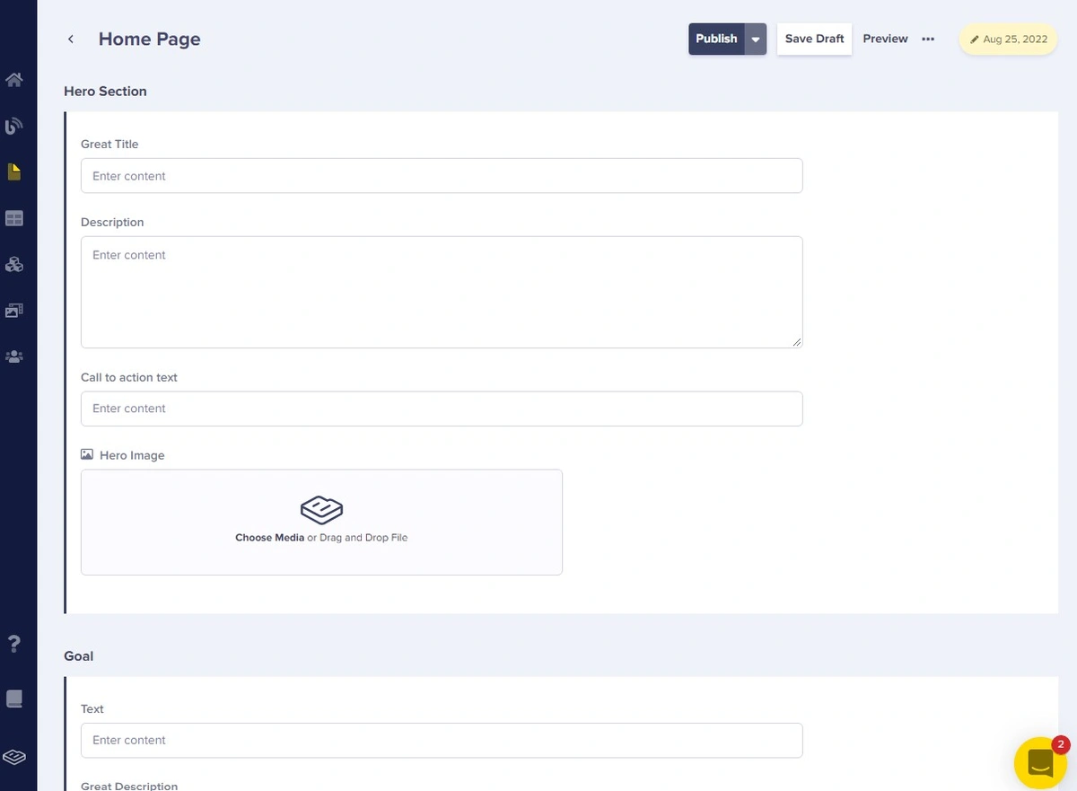 Add content to the Home Page in the ButterCMS interface.
