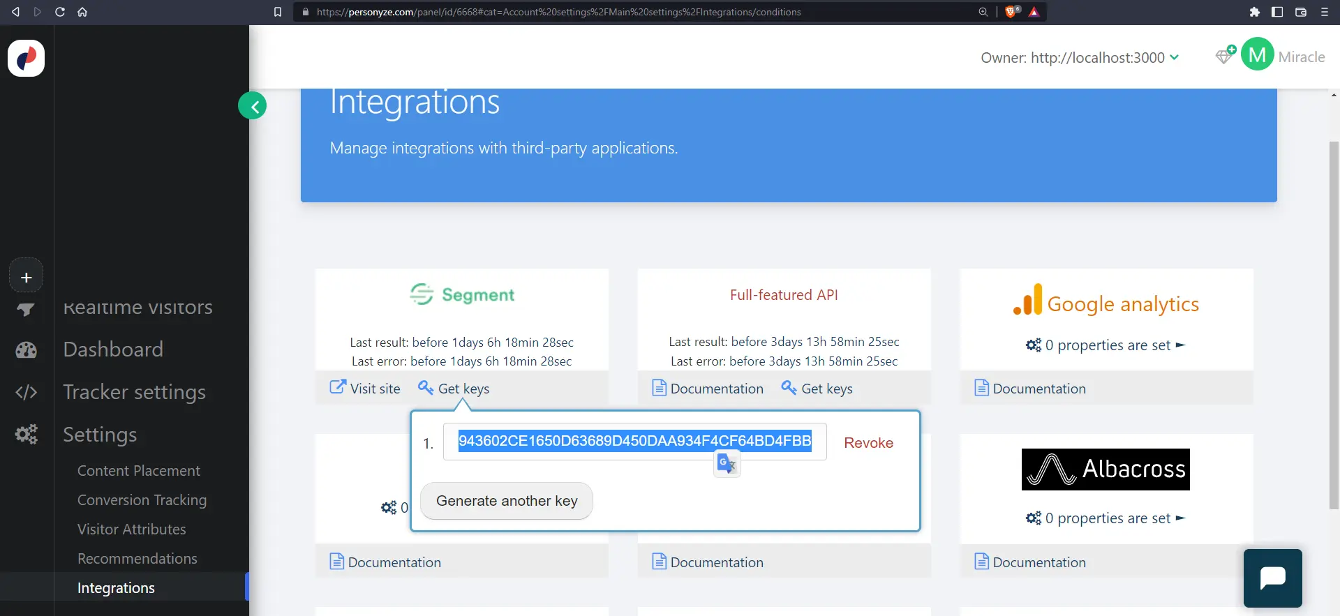 Segment integration key in Personyze