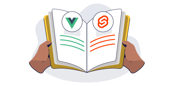 Illustration: An open book with a Vue and Svelte logo on the inside