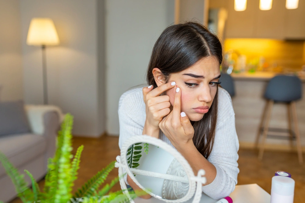 Woman popping a pimple