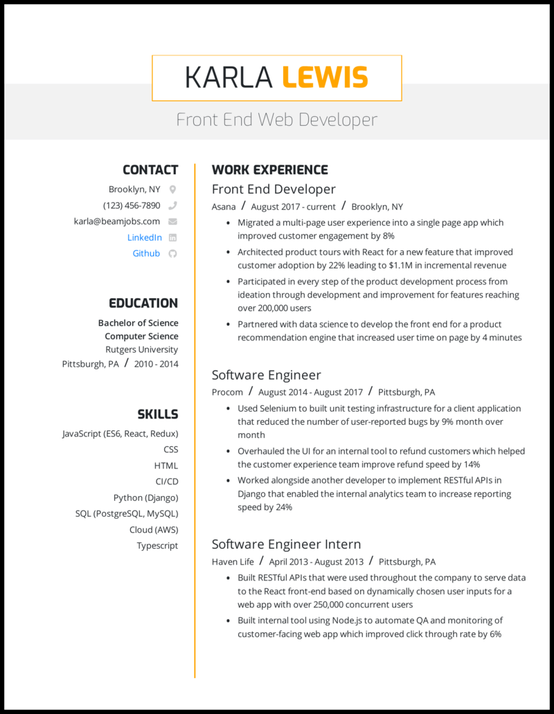 sample resume for entry level web developer