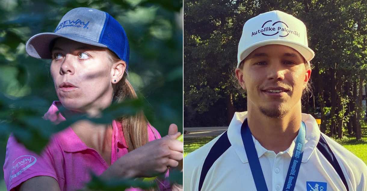 Two photos. Left - A blonde woman in a hat lines up a disc golf shot in the woods. Right - a young man in a baseball cap smiles for the camera