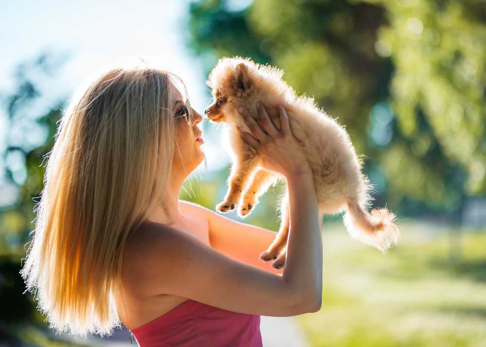 A woman with long hair holds up a Pomeranian puppy