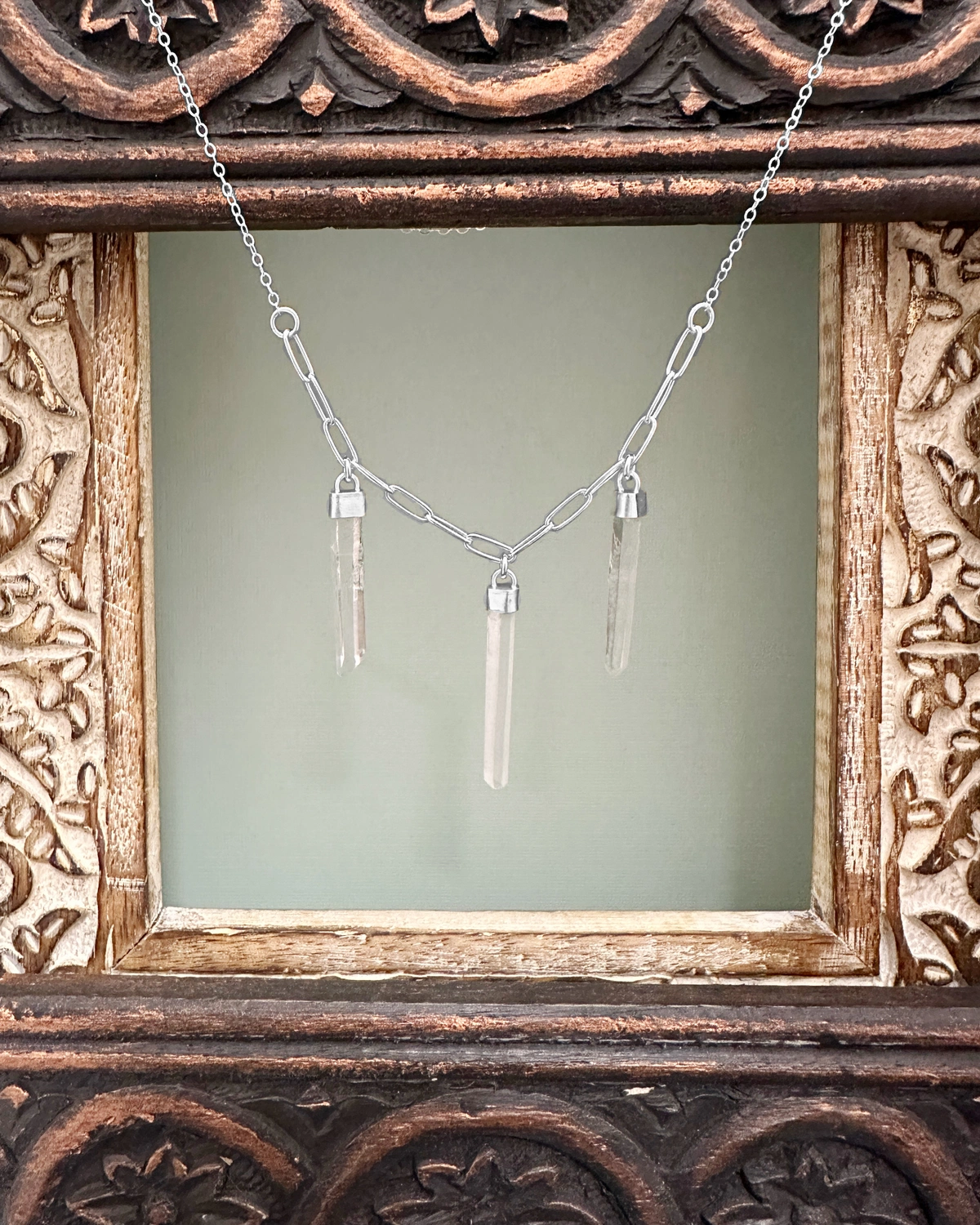 3 crystal drop necklace on mixed size chain