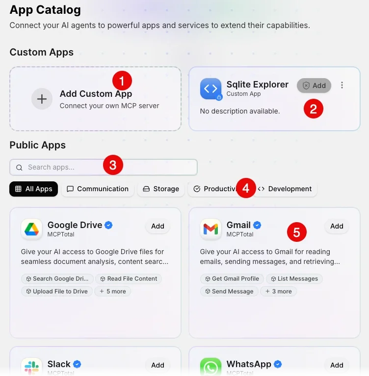 The app catalog with numbered highlights indicating key features of the catalog.