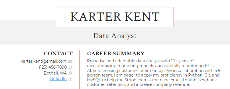 A resume summary for a data analyst with 10+ years of experience