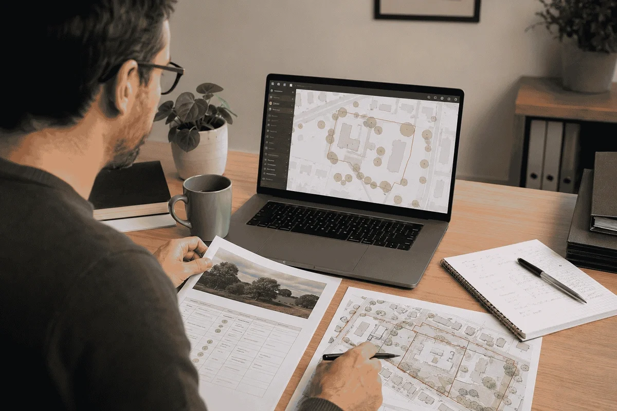 Planning consultant reviewing TPO records and site mapping for a development site.