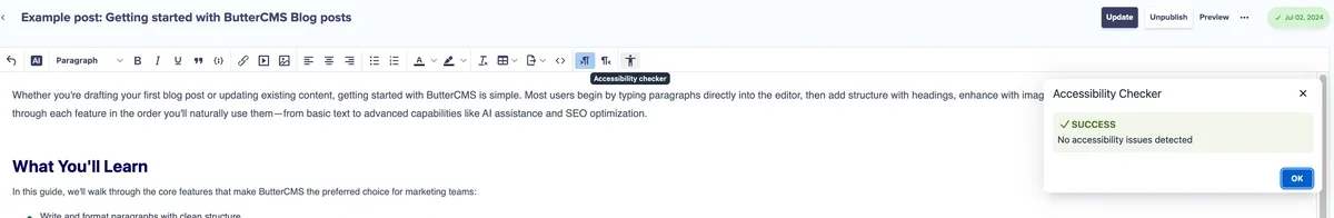 Accessibility Checker feature success state example