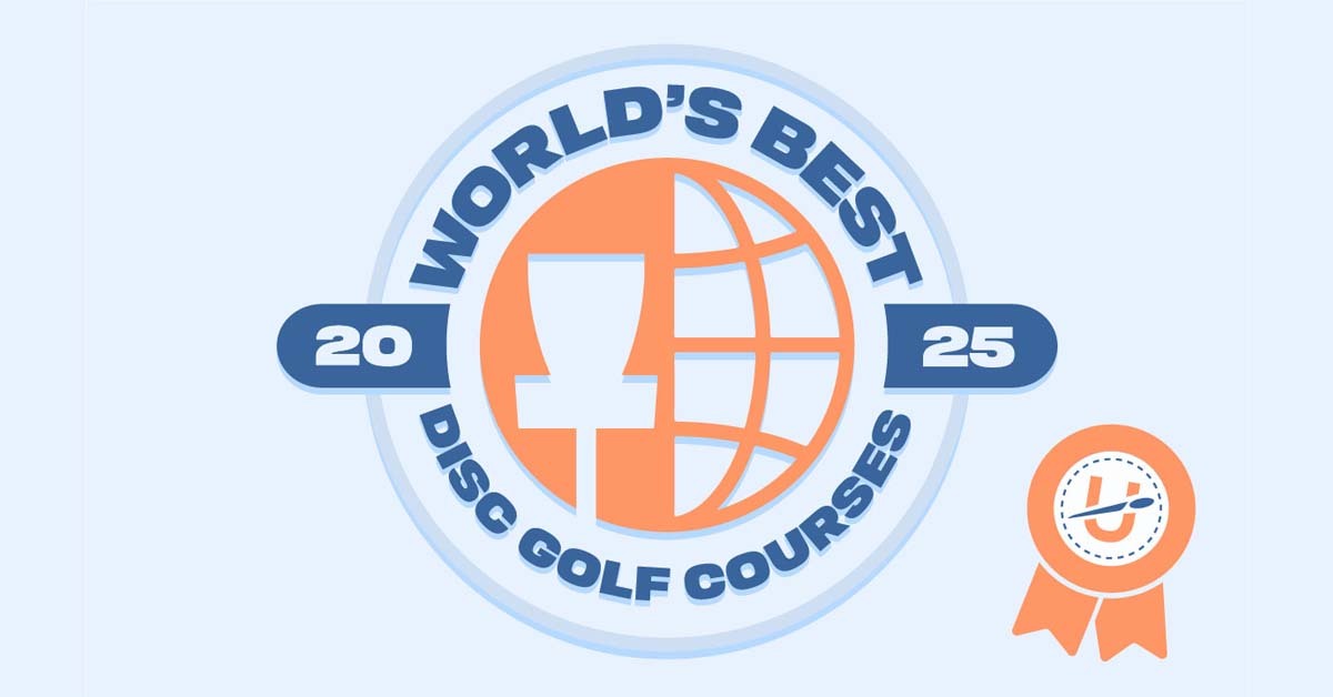 "World's Best Disc Golf Courses 2025" written around a globe-like orange center and an orange prize ribbon to the right