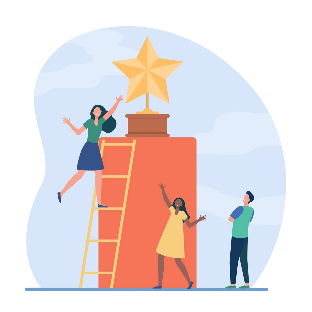 People reaching for a star on a podium – Symbolizing recognition, achievement, and goal-setting.