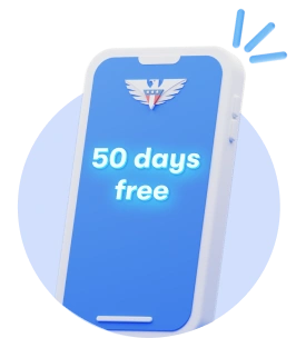 Illustration of phone with US Mobile logo displaying the words 50 days free