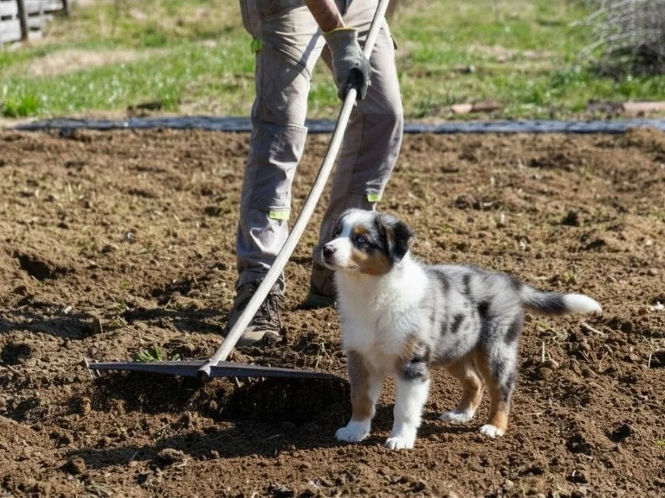 Blue merle Australian Shepherd puppy standing in freshly tilled garden soil while owner rakes nearby