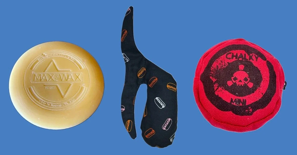 Three photos, one of wax molded into a disc shape, one of a whale-shaped fabric pouch with cartoonish burgers on a black backround, a third of a canvas bag in a round disc shape