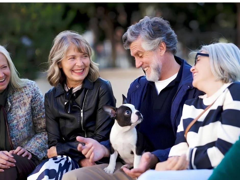Group of older adults laughing together outdoors around a Boston Terrier dog