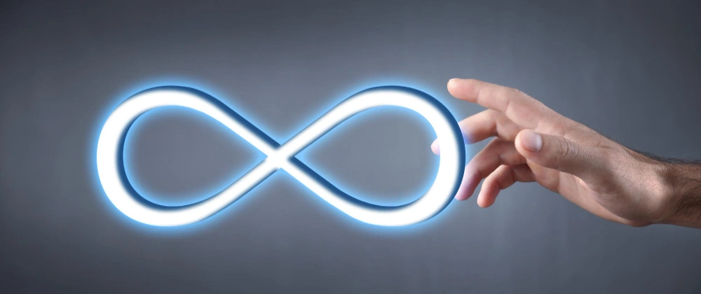 Hand touching a glowing infinity symbol, representing endless possibilities or continuity.