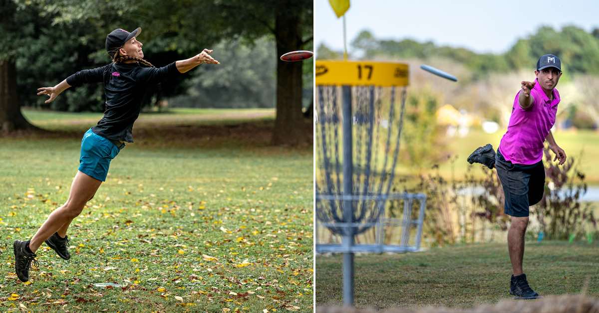 Two images. Left: Paige Pierce jump putting. Right: Paul McBet putting.