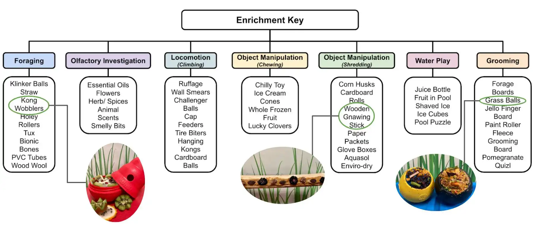 Neuralink NHP Enrichment Calendar categories, which detail items and enrichment material responsible for targeting a range of natural NHP behaviors.