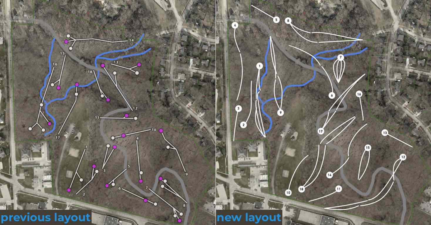 aerial photos of an area with disc golf fairways marked with white lines
