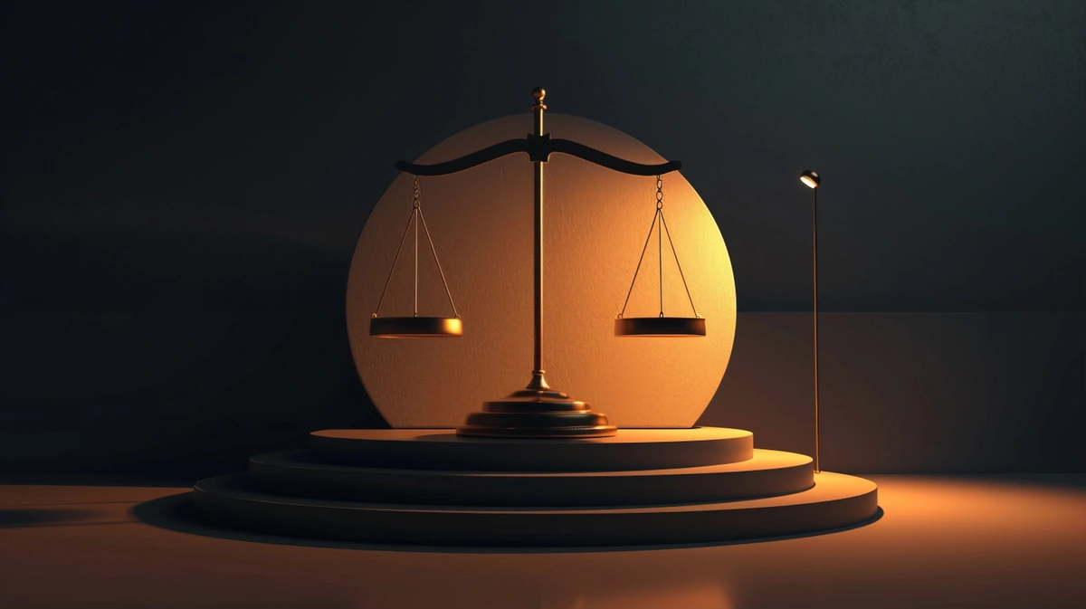 A 3D rendering of justice scales, illuminated by a spotlight, placed on a circular platform with a dark background.