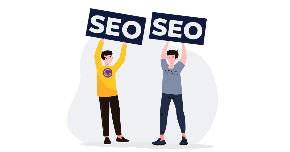 Illustration: Two people holding a sign that reads SEO. 