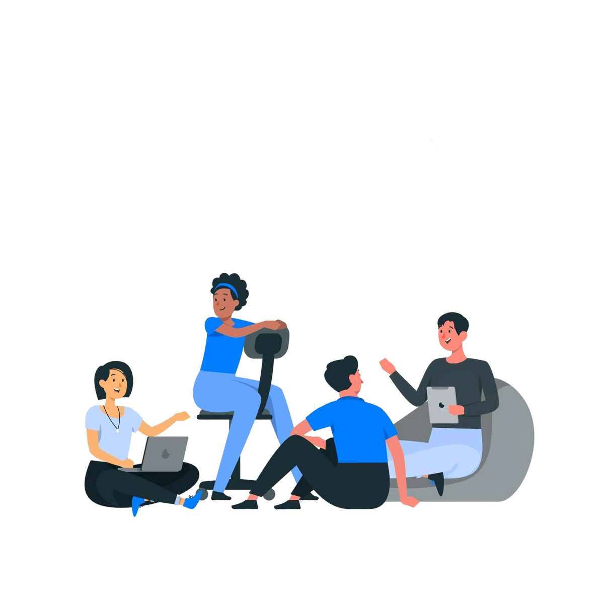 Illustration of a group of people sitting together with laptops and tablets, engaged in a collaborative discussion.