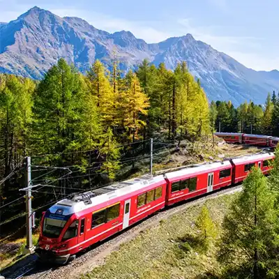 Train moving through trees with mountains.