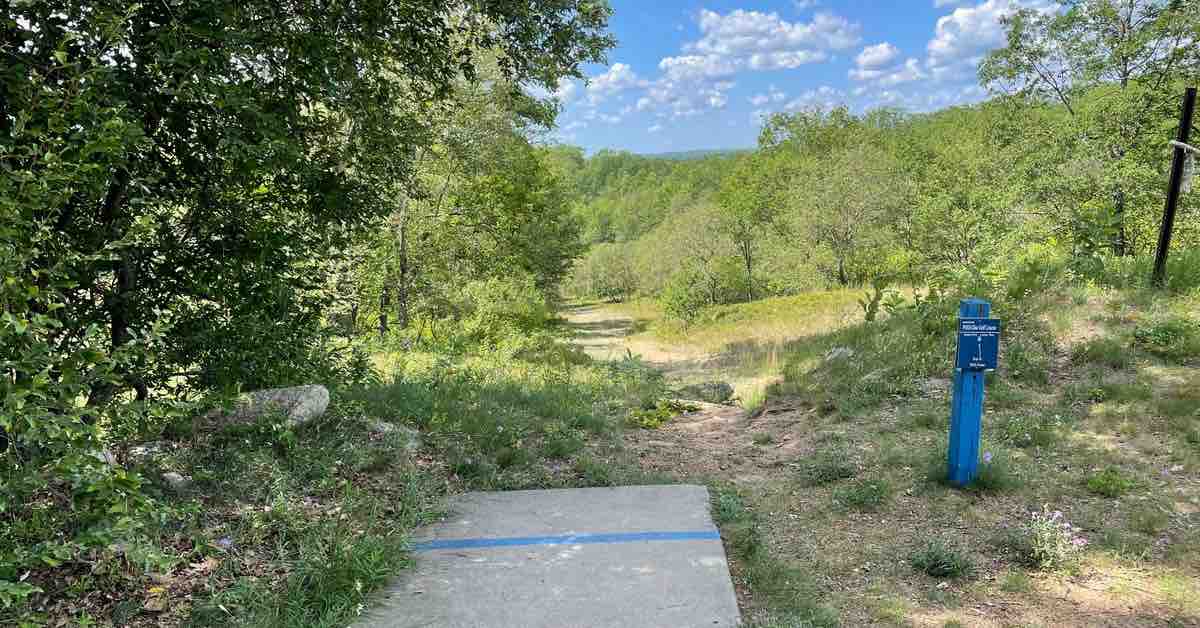 A concrete disc golf tee pad leads to a fairway with leafy green trees on both sides