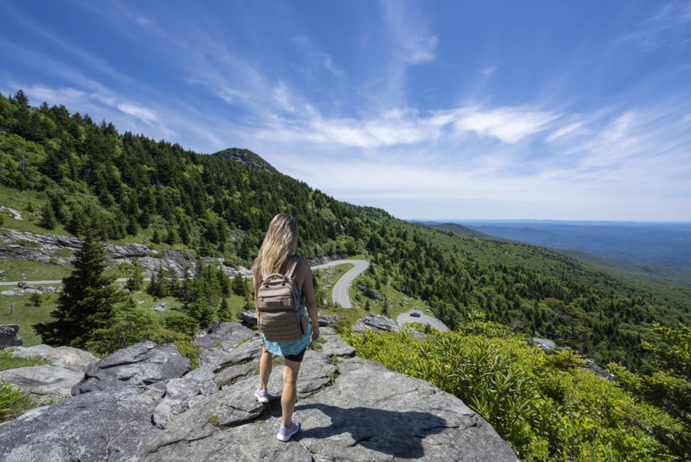 woman hiking blue ridge mountains