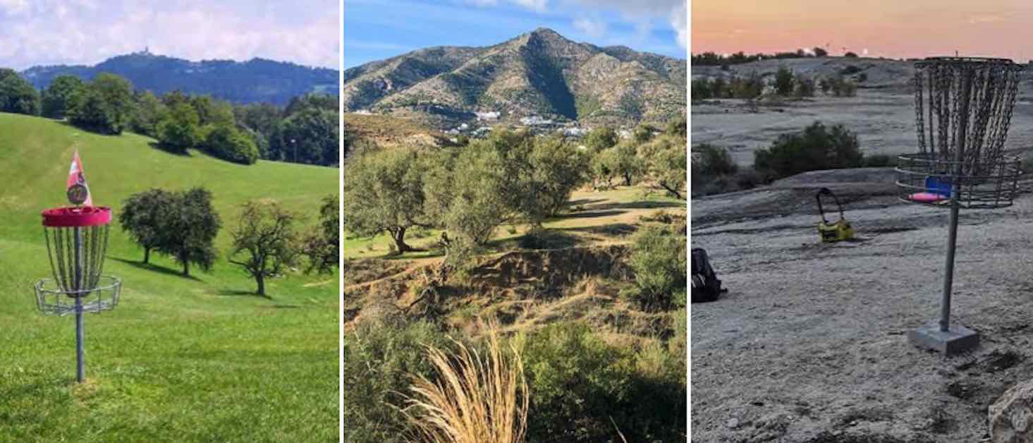 Photos of disc golf courses in different landscapes