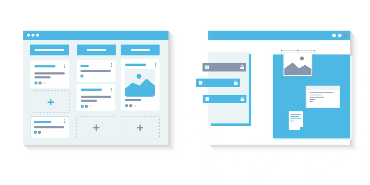 A flat design vector illustration of a web page layout with various user interface elements, including buttons, image placeholders, and text areas.