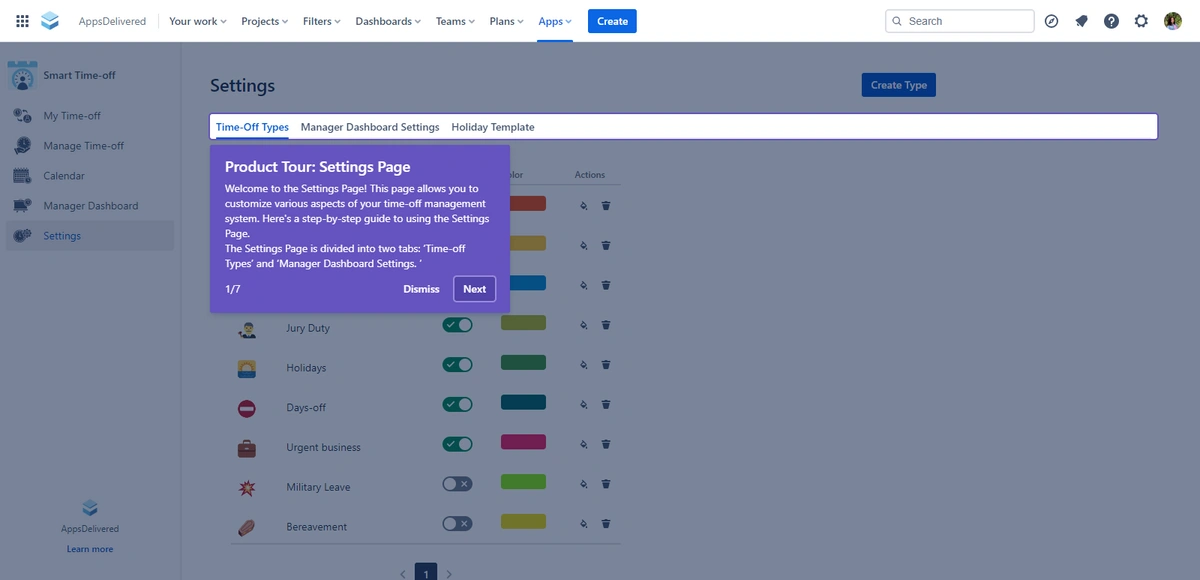 A screenshot of a settings page from a time-off management application, detailing various leave types with toggles for activation.