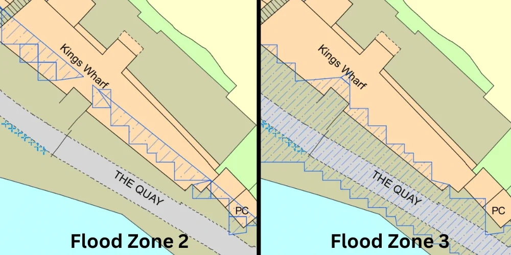 A comparison between flood zone 2 and flood zone 3 on MasterMap