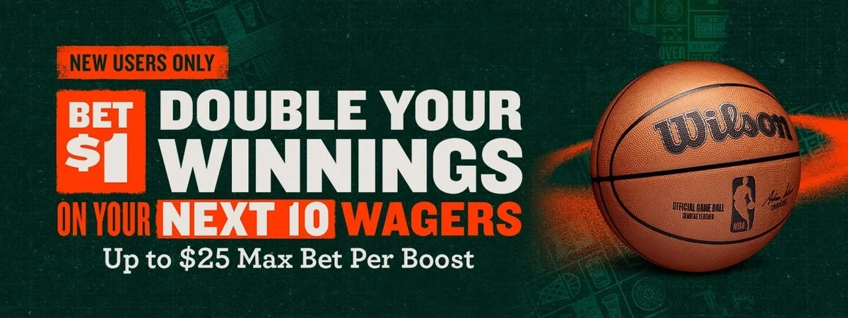 Caesars Sportsbook promotion banner showing &ldquo;Bet $1, Double Your Winnings on Your Next 10 Wagers&rdquo; with a $25 max bet per boost and an NBA basketball on the right side.