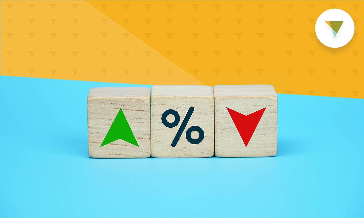 3 wooden blocks with a green arrow, percent symbol, and red arrow on a blue background
