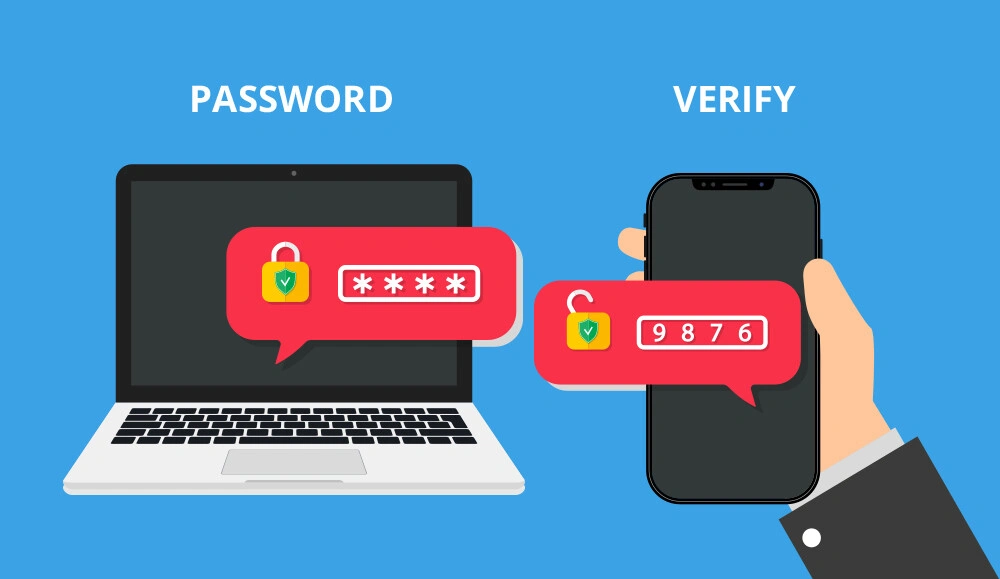 An illustration of a notebook computer and a mobile phone performing password authentication.