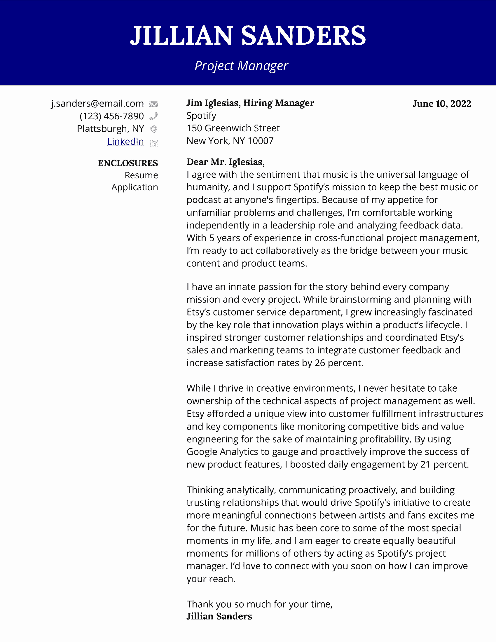 Project manager cover letter with blue contact header