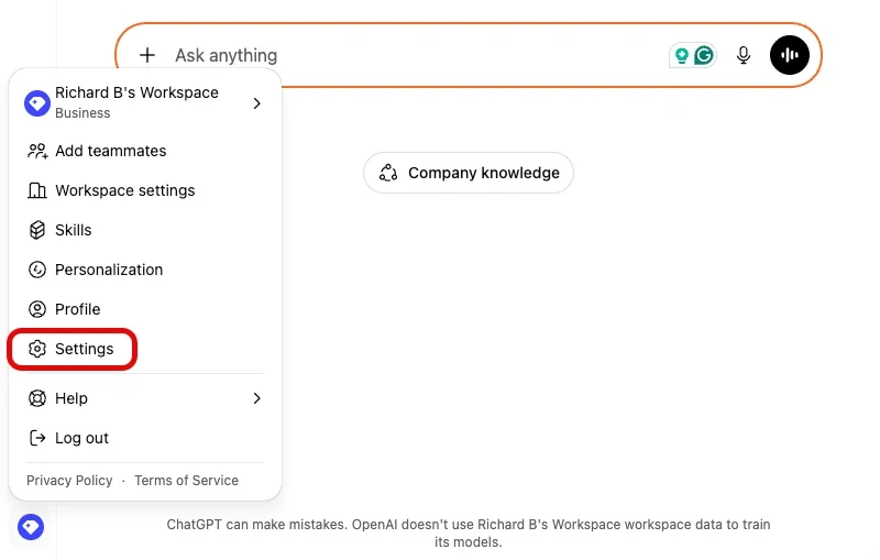 ChatGPT shows the account menu open with the Settings options highlighted.