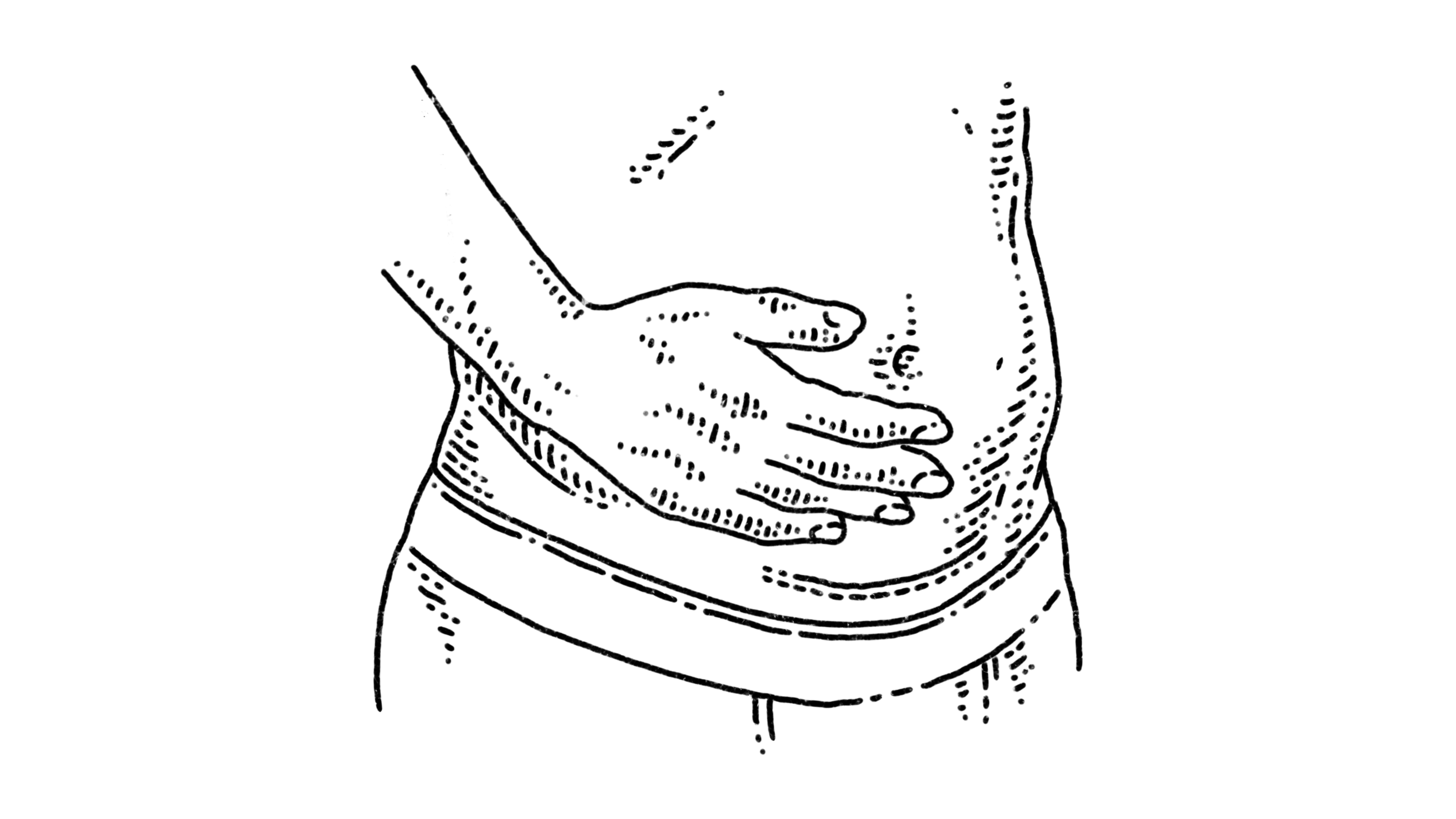 A hand placed over a lower abdomen with hysterectomy scar. 