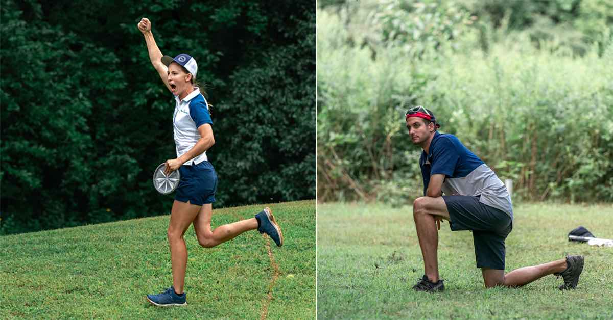 Two photos of disc golfers, one a woman raising her hand triumphantly while running, the other of a male kneeling and looking contemplative
