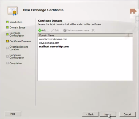 Exchange 2010 new exchange certificate domains