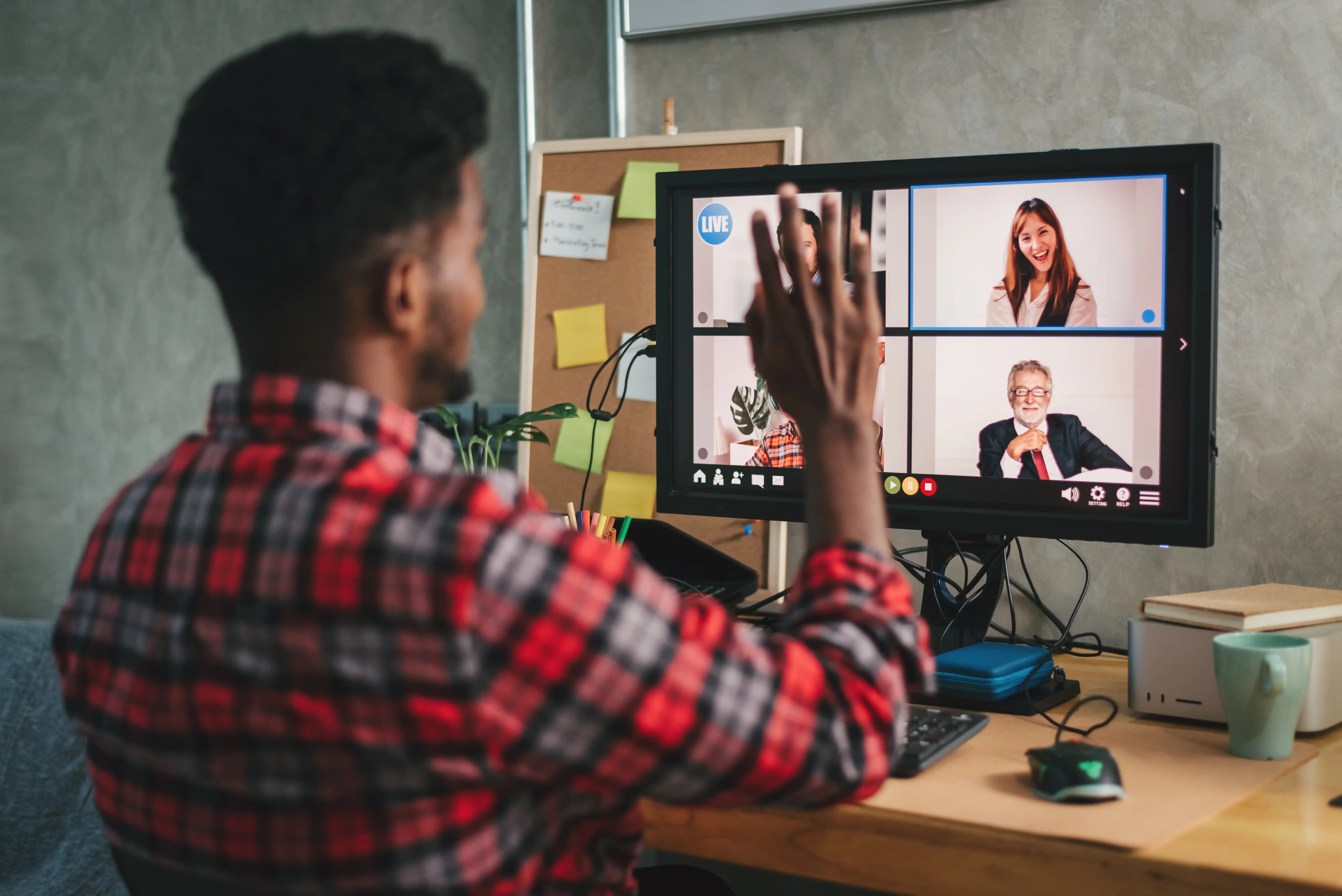 Remote employee joining a video meeting with global team members