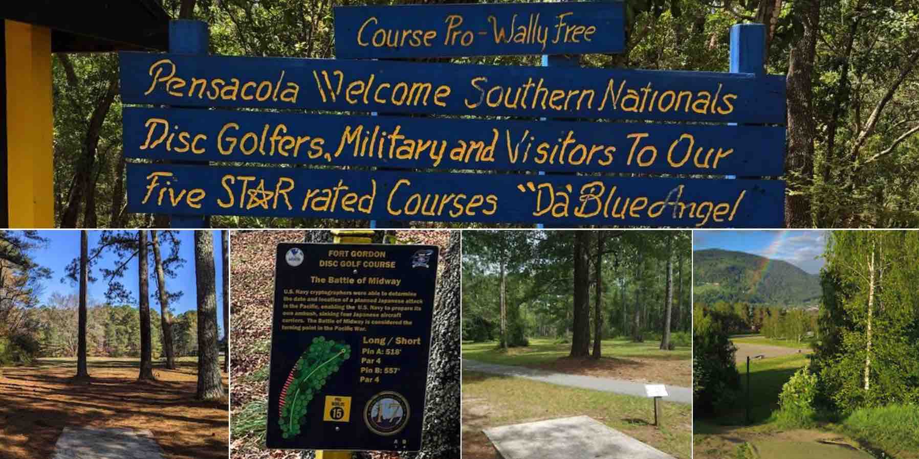 Five photos. One across top half of yellow writing on blue sign welcoming people to a disc golf course. The other four are of tees and a tee sign from other disc golf courses
