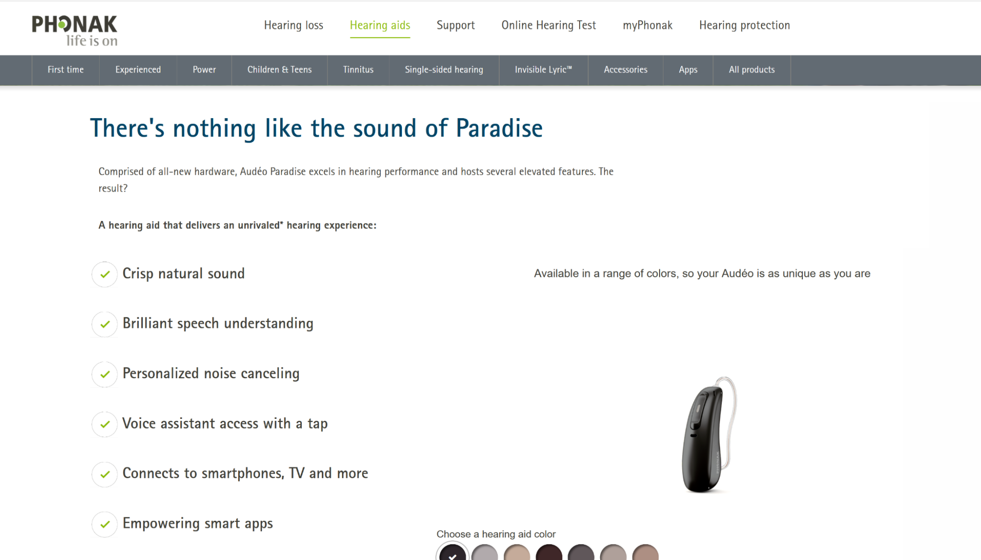 list of features of the Phonak Paradise 90 / R