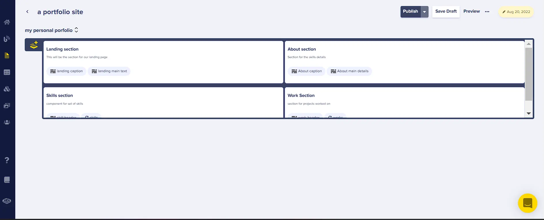 Component picker for the portfolio page in ButterCMS.