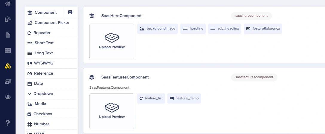 Components added to the landing page schema