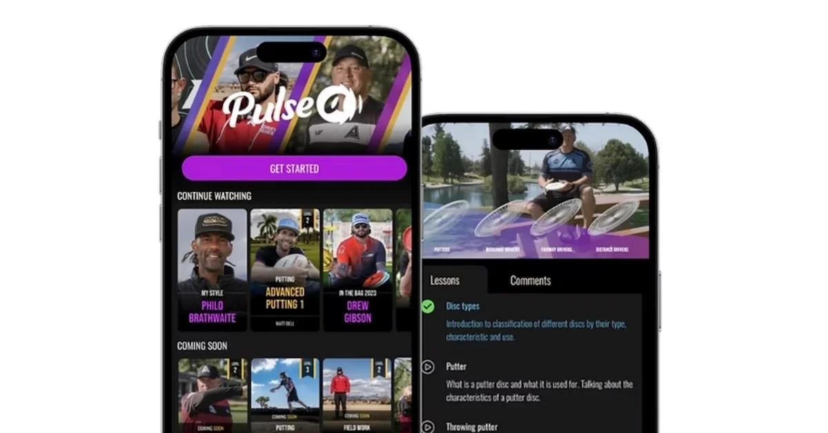 Screenshots in phone frames of a disc golf instruction app with videos
